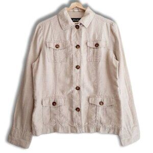 EDDIE BAUER 100% Linen Canvas Button Down Jacket Utility Light Beige Sz L